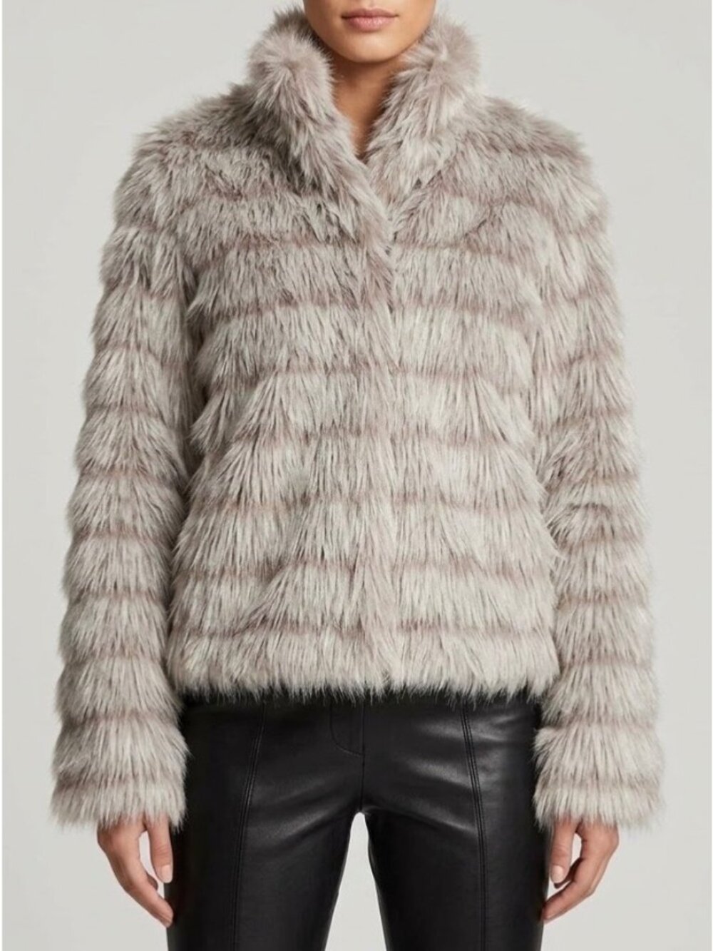 Betsey Johnson Gray Plush Faux Fur Coat M Animal Print Lined High Collar Y2K